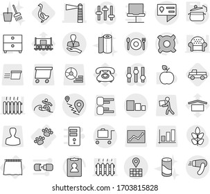 Editable thin line isolated vector icon set - lighthouse, location details, map, route, client, sorting, cafe, surfer, baggage trolley, curtain, pets, steam pan, goose, pickup, bucket and broom, man