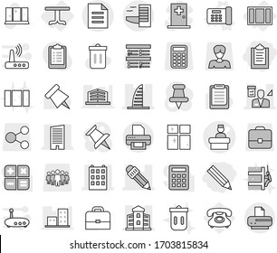 Editable thin line isolated vector icon set - clipboard, pencil, hospital recieption vector, building, skyscraper, architector, document, hotel, table, window, office phone, trash bin, shining, case