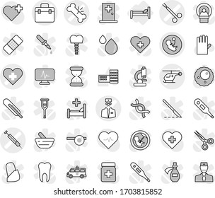 Editable thin line isolated vector icon set - doctor bag vector, heart cross, pregnancy, broken bone, ambulance helicopter, syringe, surgical clamp, bed, rubber glove, school building, pulse, dna