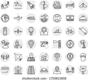 Editable thin line isolated vector icon set - dollar pin, lighthouse, dome house, road, signpost, geo, route a to b, plane shipping, air ballon, bike, detector, passenger, suitcase, baggage get, map