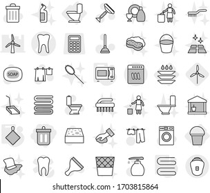 Editable thin line isolated vector icon set - bin, tooth vector, toilet, bucket, plate washing, rag, towel, microwave oven, windmill, soap, plunger, scraper, sponge, trash, drying clothes, washer