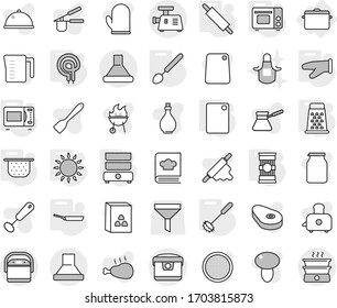 Editable thin line isolated vector icon set - pan, colander, cook glove, whisk, big spoon, rolling pin, cutting board, microwave oven, grill, gas, elecric, double boiler, grater, pasta, apron, press