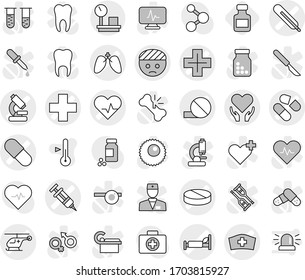 Editable thin line isolated vector icon set - medical cross vector, heart pulse, bandaged head, thermometer, syringe, pill, microscope, hospital bed, ambulance helicopter, hat, lungs, health care