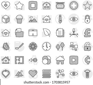 Editable thin line isolated vector icon set - medical cross vector, eye, 3d, house, starfish, heart pendant, unlocked, bucket, blocks, atom core, electron, drawing pen, ladle, trees, flower, microb