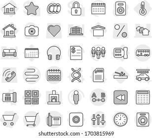 Editable thin line isolated vector icon set - cart, calculator, calendar vector, intestines, houses, route a to b, phone, bus, home, thermometer, ring button, intercome, office, dna, sd card, plates