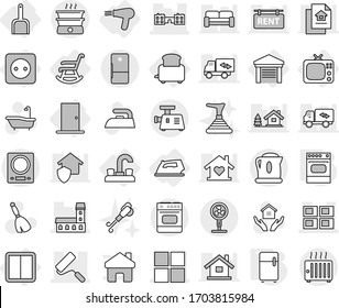 Editable thin line isolated vector icon set - mansion, panel house, window, school, repair, water tap, power socket, switch, tv, iron, scoop, toaster, hair dryer, door, rocking chair, garage, oven