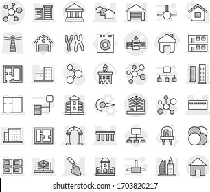 Editable thin line isolated vector icon set - home, hospital vector, virus, bridge, mansion, skyscrapers, bunker, houses, garage, modular house, panel, building, district, construction, plan, arch