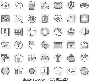 Editable thin line isolated vector icon set - dollar pin, left arrow, equalizer, medical cross vector, hat, brick, barn, dome house, important flag, warehouse, ring button, orbit, setup, analytics