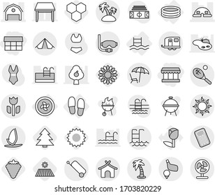 Editable thin line isolated vector icon set - market, barn, dome house, perishable, trailer, suitcase, bungalow, tent, lounger, sun, palm, island, pool, diving mask, tennis, golf, windsurfing, berry
