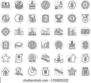 Editable thin line isolated vector icon set - clipboard, dollar coin, money, medal, stairs, rocket start vector, chart, housing, graduate hat, certificate, graph, pie, bag, growth, bank building