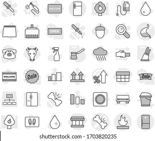 Editable thin line isolated vector icon set - market, broken bone vector, stomach, flammable, curtain, ring button, welcome mat, welding, knife holder, turk, rain cloud, cow, acorn, water drop, sale