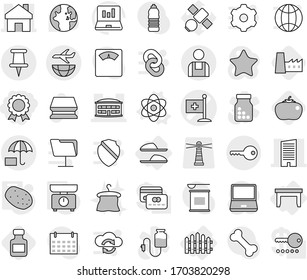 Editable thin line isolated vector icon set - medal, medical flag vector, home, skyscraper, airport building, pin, insurance, workman, plane shipping, key, table, fence, slippers, atom, potato, bone