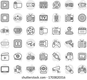Editable thin line isolated vector icon set - surveillance, intercome, camera, tv, web vector, vr helmet, projector, cd, cinema clap, film spool, gamepad, video, remote control, play button, pause