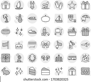 Editable thin line isolated vector icon set - gift, bow, hi quality package, plane, bus, tourist, passenger, lounger, palm, hawaiian wreath, disco ball, aquapark, starfish, baggage trolley, hotel