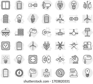 Editable thin line isolated vector icon set - megafon, spark plug, bulb, electricity, power socket, switch, air conditioning, mixer, coffee maker, floor lamp, photon vector, magnetic field, coil