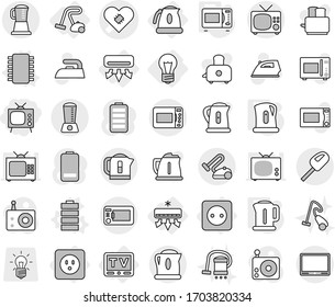 Editable thin line isolated vector icon set - tv, pacemaker vector, bulb, air conditioning, power socket, kettle, vacuum cleaner, chip, battery, microwave oven, iron, toaster, radio, blender