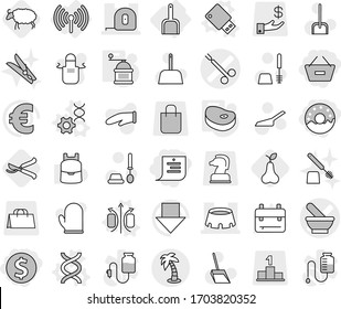 Editable thin line isolated vector icon set - dollar coin, remove from basket, shopping list, donut, mortar vector, surgical clamp, measuring tape, stadium, palm, wireless, scoop, magnetic field