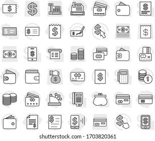 Editable thin line isolated vector icon set - credit card, receipt, account balance, mobile pay, wallet, cashbox, vector, coin stack, check, dollar cursor, money, gift, reader, tap