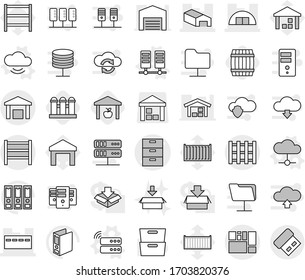 Editable thin line isolated vector icon set - archive vector, bunker, warehouse, hangare, consolidated cargo, rack, pallet, server, cloud, service, barrel, grain elevator, package, binder, shelving