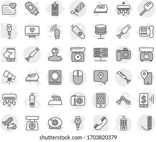 Editable thin line isolated vector icon set - mobile pay, location, air conditioning, remote control, intercome, vector, web camera, vr helmet, robot hand, kitchen scales, handle, iron, blender