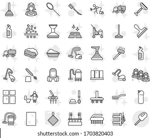Editable thin line isolated vector icon set - washing, vacuum cleaner, filter vector, rag, scraper, trolley, mop, car fetlock, window cleaning, toilet brush, agent, shining, woman, sweeper, plunger