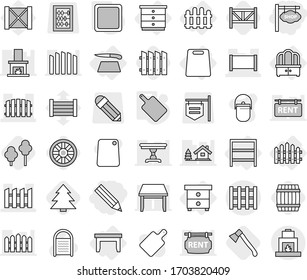 Editable thin line isolated vector icon set - pencil, shop signboard, fence, pallet, table, nightstand, chest of drawers, dresser, rack, cutting board, trees, axe, wheel, barrel, farm, spruce, rent