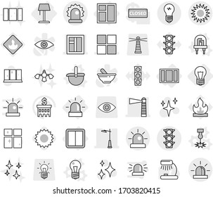Editable thin line isolated vector icon set - lighthouse, window, outdoor light, traffic, alarm, sun, bulb, power switch, floor lamp, vector, led, ladle, laser, shining, clean, table, bank building
