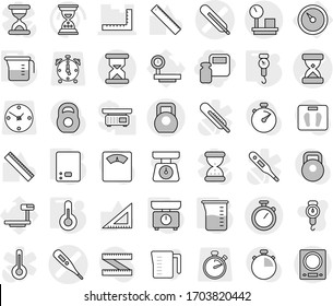Editable thin line isolated vector icon set - scales weight, medical thermometer vector, sand clock, ruler, heavy, warehouse, stopwatch, barometer, measuring cup, kitchen, handle, corner, big, alarm