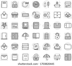 Editable thin line isolated vector icon set - unlock, copybook, door, arch window, package box, documents, insurance, shop, unlocked, book vector, archive, japanese candle, office, umbrella, share