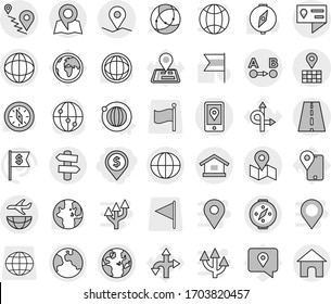 Editable thin line isolated vector icon set - dollar pin, road, geo, location details, globe, map, route a to b, mobile, plane shipping, earth, signpost, compass, orbit vector, world, flag, traking