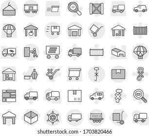 Editable thin line isolated vector icon set - box, delivery, cargo stoller, warehouse, truck shipping, loading crane, package, trolley, do not hook sign, courier, railroad, parachute, fast deliver