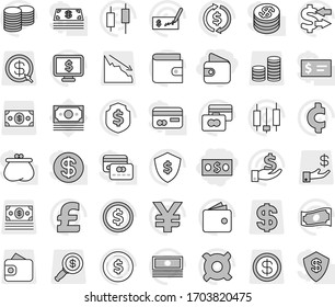 Editable thin line isolated vector icon set - money, wallet, exchange vector, dollar coin, japanese candle, credit card, cash, investment, stack, check, shield, monitor, any currency, pound, cent