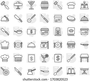 Editable thin line isolated vector icon set - receipt, shop, cocktail, cafe, restaurant, pan, cook hat, chief, skimmer, spatula, big spoon, knife, chef, meat hammer, salt pepper, fork plate, grater