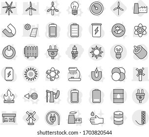 Conjunto de iconos vectoriales aislados de línea delgada editable - bujía, molino de viento, gasolinera, barril, sol, barómetro, vector central de átomo, electrón, imán, bombilla, botón apagado, fábrica, bomba de aceite, gota manual, rca