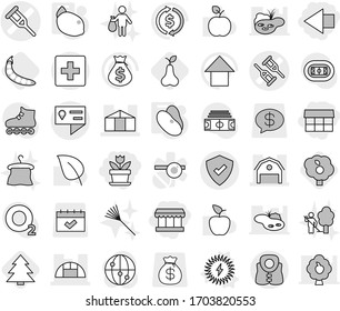 Editable thin line isolated vector icon set - market, left arrow, flower, crutch vector, barn, greenhouse, location details, protected, first aid, life vest, solar power, beans, lemon, pear, spruce