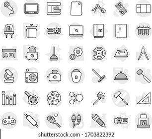 Editable thin line isolated vector icon set - microscope vector, doctors hammer, pencil, gas station, tennis, iron, fridge, pan, led, robot hand, projector, rolling pin, meat, toaster, meal cap, rca