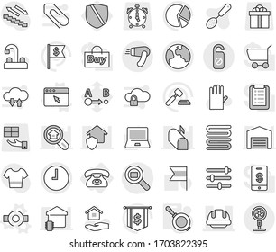 Editable thin line isolated vector icon set - building helmet, clock, cargo search, earth, do not distrub, phone, connect vector, browser window, pan, rubber glove, house hold, water tap, towel, buy