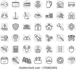 Editable thin line isolated vector icon set - kidneys vector, minaret, pyramid, stairs, terms, perishable, rocket, train, deltaplane, baggage get, bungalow, surfer, tennis, key, broom, repair tools