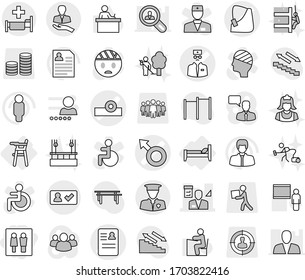 Editable thin line isolated vector icon set - wc, male sign vector, head reflector, anamnesis, broken hand, doctor, architector, client, security man, check in, hospital, bed, Chair for babies, team