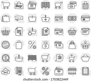 Editable thin line isolated vector icon set - add to cart, basket, money, credit card, account balance, remove from, shopping list, market, bag, sale, percent, atm receipt, bar code, vector, new