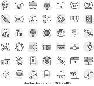 Editable thin line isolated vector icon set - bridge, satellite, plug vector, cloud, service, data transfer, orbit, web camera, wireless, router, browser window, no signal, share, call, satellitie