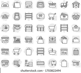 Editable thin line isolated vector icon set - cart, add to basket, shop, scales, shopping list, bag, store signboard, cargo stoller, mall, hangare, credit card, heavy, fast deliver, rack, warehouse