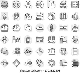 Editable thin line isolated vector icon set - spark plug, factory, gas station, motorcycle, jet ski, power socket, kettle, atom core vector, electron, magnet, led, coil, server, solar panel, plow
