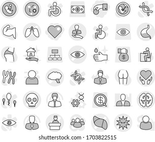 Editable thin line isolated vector icon set - hand coin, heart, eye vector, pregnancy, microbe, skull, stomach, lungs, brain, liver, virus, health care, hospital recieption, client, dna edit, drop