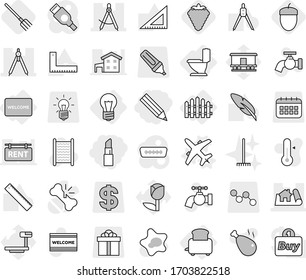 Editable thin line isolated vector icon set - pencil, lipstick, draw compass, project, drawing compasses, bulb, toilet, fence, toaster, welcome mat, plane vector, berry, fork, acorn, water tap, rake