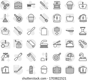 Editable thin line isolated vector icon set - scissors vector, insurance, suitcase, baggage get, bucket, kettle, pan, ladle, hand mill, shovel, fork, axe, fetlock, car, toilet brush, water tap