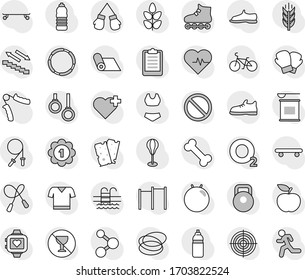 Editable thin line isolated vector icon set - diet vector, heart pulse, clipboard, bike, weight, jump rope, hand trainer, horizontal bar, punching bag, fitball, snickers, boxing glove, swimsuite