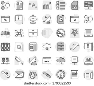 Editable thin line isolated vector icon set - bar code, list, mail, info, archive vector, important flag, escalator, stairs, satellite antenna, sim card, projector, browser window, pen, notebook pc