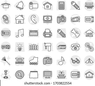 Editable thin line isolated vector icon set - broken bone vector, ear, pacemaker, pencil, home, fountain, truck shipping, train, tent, camera, curtain, electricity, phone, bell, laser, printer, rake