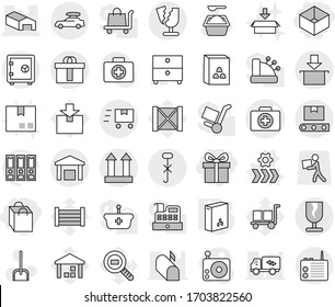 Editable thin line isolated vector icon set - gift, shopping bag, box, doctor case vector, warehouse, fragile, cargo top sign, do not hook, package, hi quality, transporter tape, broken, car baggage